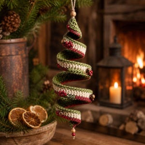 May include: A spiral-shaped Christmas tree ornament crafted from crocheted yarn in shades of forest green, cream, and dark red. The ornament features small red berry-like accents and wooden beads, suspended by a thin string for hanging.
