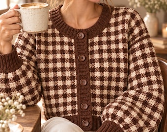 Gingham Crochet Cardigan Pattern PDF, Checkered Balloon Sleeve Sweater, Cropped Button Cardigan, Adult M/L, Digital Download