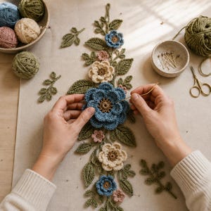 Peut inclure: Un ensemble d'&eacute;l&eacute;ments floraux au crochet comprenant des fleurs bleues, cr&egrave;me et roses avec des feuilles vertes dispos&eacute;es en vigne verticale. Le kit inclut des pelotes de laine bleue, cr&egrave;me, rose et verte, un bol d'&eacute;pingles et des ciseaux dor&eacute;s.