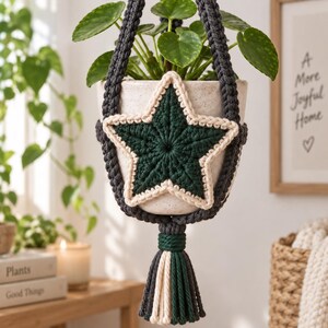 May include: A macrame plant hanger in dark gray, featuring a central dark green crocheted star with a cream-colored border. The hanger supports a speckled off-white ceramic pot containing a green plant, finished with a multi-colored tassel.