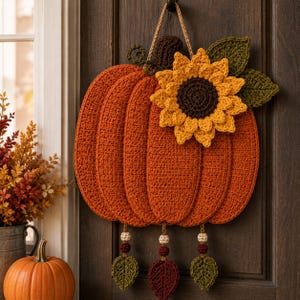 Puede incluir: Un adorno de pared de calabaza de ganchillo en color naranja quemado con un tallo marrón oscuro y un gran girasol amarillo con centro marrón oscuro. Dos hojas de ganchillo verde oscuro están unidas. Tres cordones colgantes tienen cuentas y hojas.