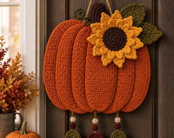 Pumpkin Door Hanger Crochet Pattern PDF, Sunflower Fall Wall Decor