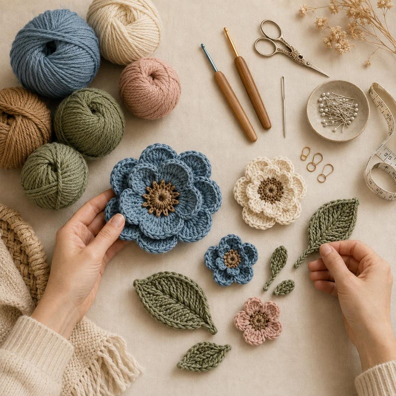 Peut inclure: Un ensemble de fournitures de crochet comprenant des pelotes de laine bleue, cr&egrave;me, rose, marron et verte, deux crochets en bois, des ciseaux en m&eacute;tal, une aiguille, des &eacute;pingles, des marqueurs de mailles, un ruban &agrave; mesurer et des fleurs et feuilles au crochet.