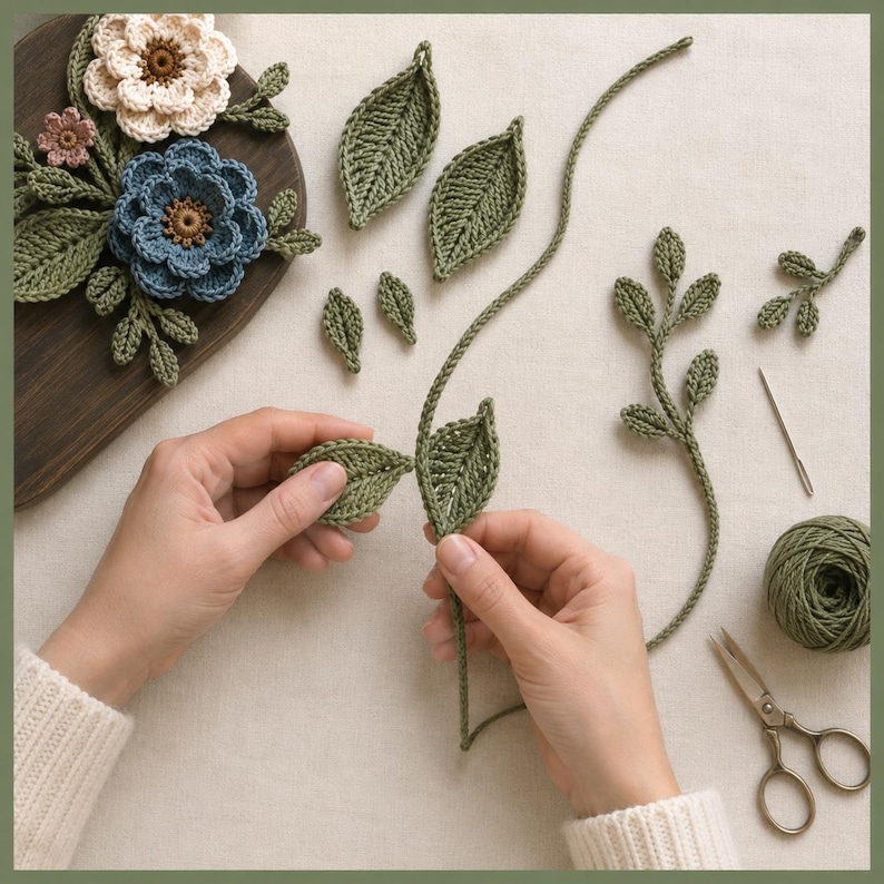 Peut inclure: Fournitures de crochet comprenant une planche en bois fonc&eacute; avec des fleurs bleues et cr&egrave;me, plusieurs feuilles vertes d&eacute;tach&eacute;es, une longue tige verte avec des feuilles, une pelote de laine verte, une aiguille &agrave; coudre et des ciseaux en m&eacute;tal.
