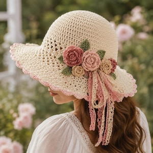 May include: A cream-colored crochet sun hat featuring a wide brim with a scalloped pink edge. The hat is decorated with a cluster of crocheted roses in shades of pink and beige, accompanied by green leaves and long, dangling lace ribbons.