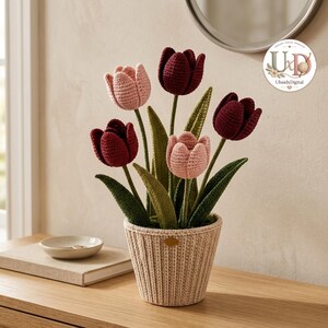 Crochet Tulip Arrangement Pattern PDF, Potted Dutch Tulip Bouquet, Crochet Flower Pot Home Decor