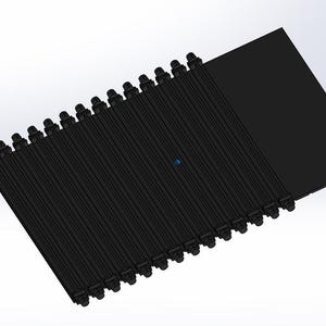 May include: A black, 3D-rendered object featuring a series of parallel rods with rounded tops, connected to a solid black rectangular surface. The rods are evenly spaced and appear to be made of a matte material.