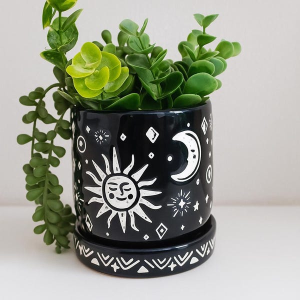 Midnight Moon Ceramic Planter Pot | Starts & Moon Pot | Mother's Day Gift