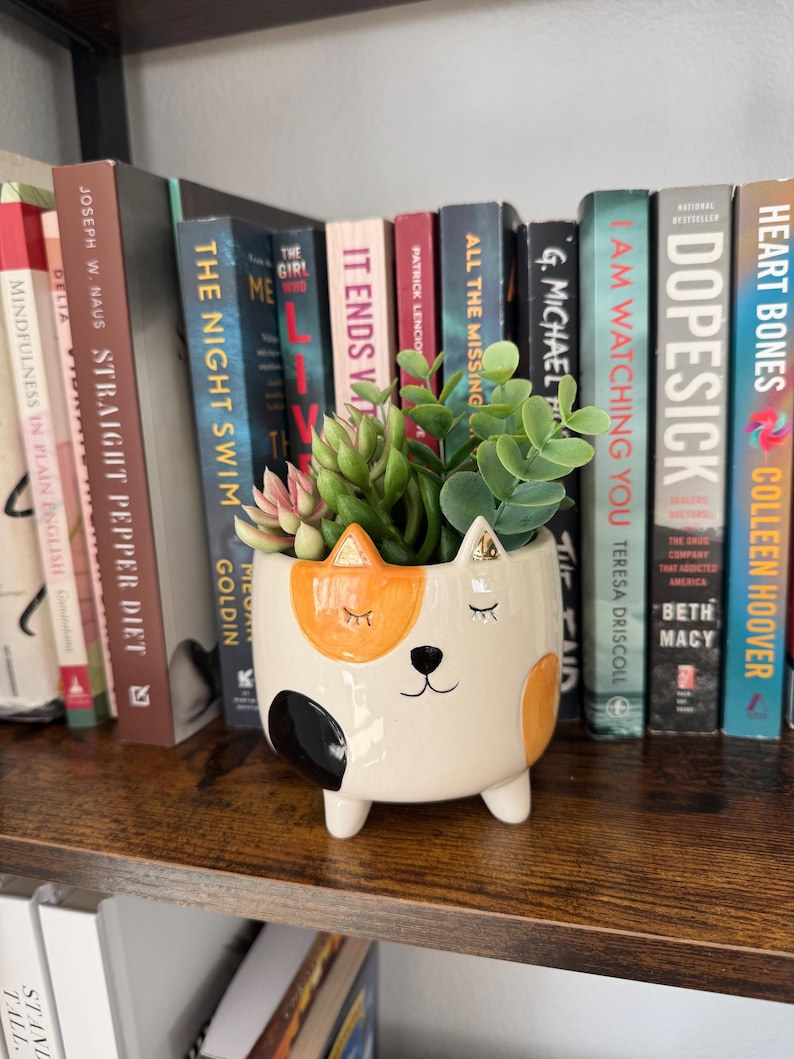 May include: A cream-coloured ceramic planter shaped like a cat with orange and black patches, closed eyes, and a small nose. The planter features two small ears with gold-painted tips and sits on three short feet, containing a small artificial succulent.
