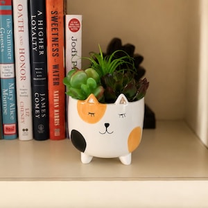 May include: A white ceramic planter shaped like a cat with orange and black patches, closed eyes, and a small nose and mouth. The planter features three short legs and contains a variety of green and dark red succulent plants inside the top opening.