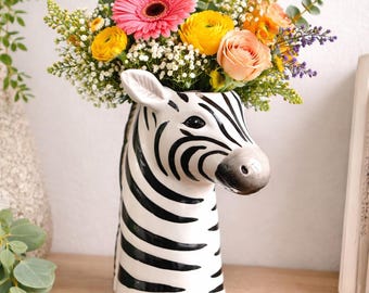 Zebra Head Vase, Ceramic Animal Bust Planter, Black  White Striped Vase for Flowers, Unique Safari Home Decor Gift, Wildlife Decorative Vase