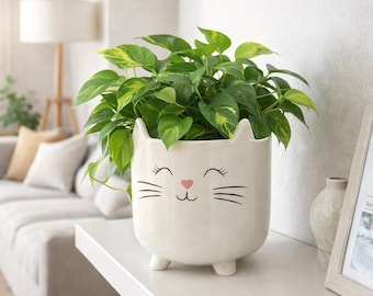 White Cat Planter Pot | Cute Ceramic Cat Plant Pot | Small Indoor Planter for Pothos & Succulents | Cat Lover Gift | Mother's Day Gift