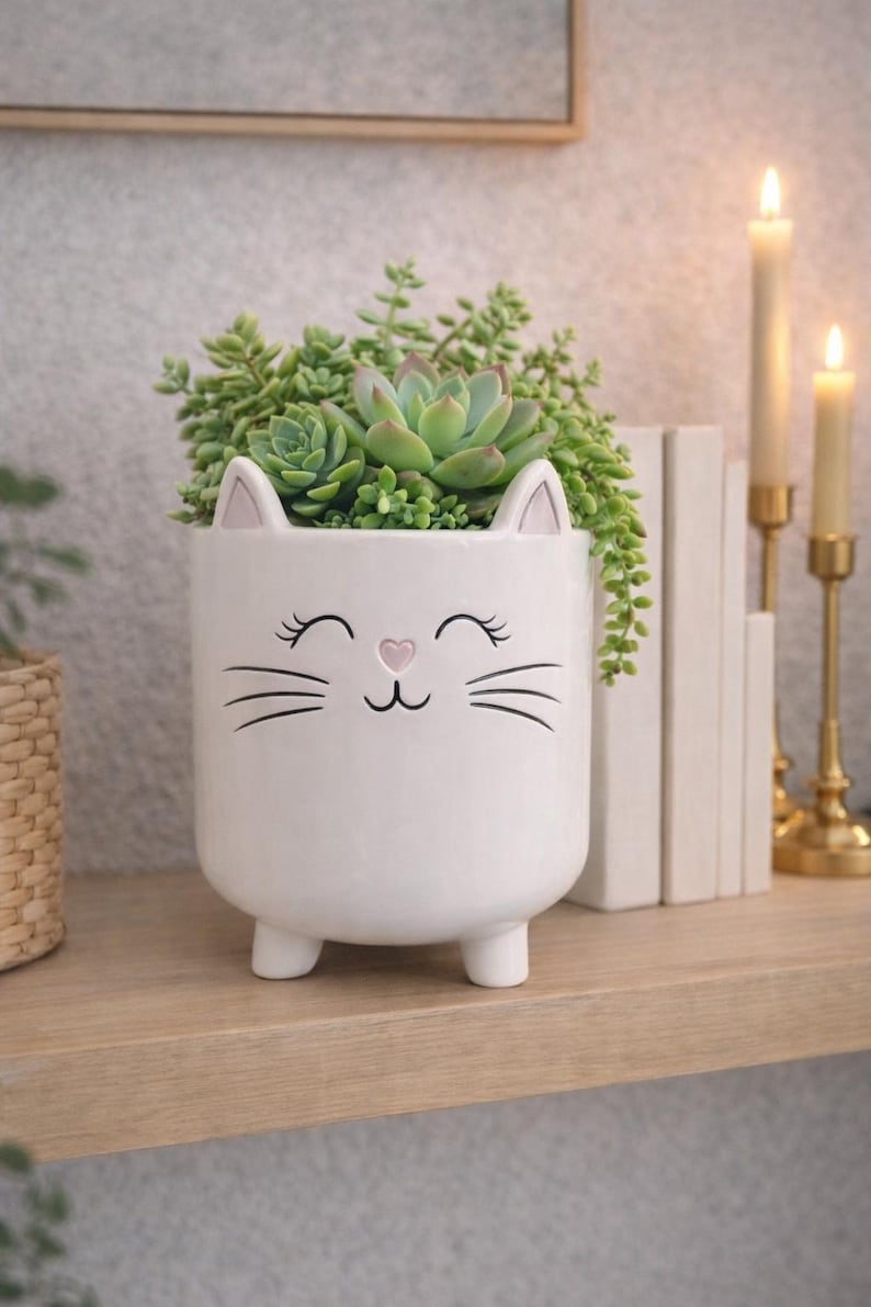 White Cat Planter Pot | Cute Ceramic Cat Plant Pot | Small Indoor Planter for Pothos & Succulents | Cat Lover Gift | Christmas Gift image 2