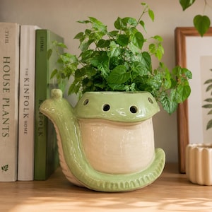 May include: A whimsical, light green ceramic snail planter with a cream-colored body, filled with vibrant green leafy plants. The planter has multiple drainage holes and sits on a wooden shelf, alongside books and a small decorative pot.