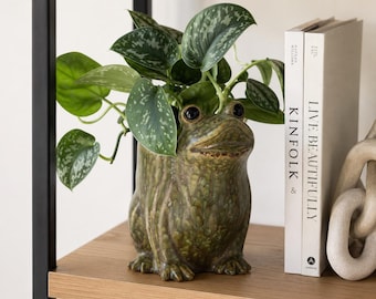 May include: A green ceramic frog planter holding a leafy green plant. The frog has large, dark eyes and a textured surface. Two books with white covers and the titles "Kinfolk" and "Live Beautifully" are next to the planter on a wooden shelf.