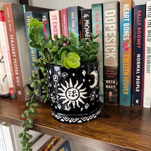 May include: A black ceramic planter with a celestial sun and moon design, filled with green artificial succulents. The planter sits on a wooden shelf in front of a row of books with various titles.