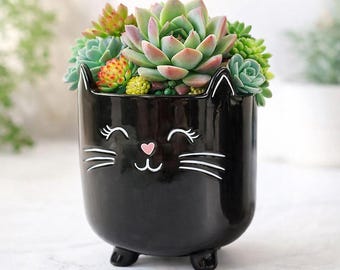 Black Cat Planter Pot | Cute Ceramic Cat Plant Pot | Modern Shelf Decor | Small Indoor Planter for Pothos & Succulents | Cat Lover Gift