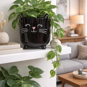 May include: A black ceramic cat-shaped planter with a smiling face, holding a green leafy plant. The planter has white accents for the eyes, whiskers, and mouth, and a pink heart-shaped nose. The planter is on a white shelf.