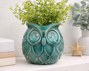 Vintage Blue Ceramic Owl Planter – Retro Owl Pot | Succulent Planter | Bird Lover Planter | Owl Pot | Mother's Day Gift