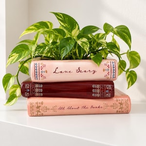 May include: A ceramic planter shaped like a stack of three books with a green pothos plant. The top book is light pink with the text Love Story, the middle is dark red, and the bottom is light pink with the text All About The Books.