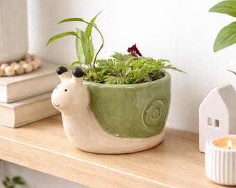Green Snail Planter | Whimsical Animal Pot | Cute Ceramic Snail with Floral Shell | Succulent & Cactus Planter | Unique Gift | Floral Pot