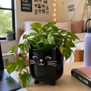 Black Cat Planter Pot | Cute Ceramic Cat Plant Pot | Modern Shelf Decor | Small Indoor Planter for Pothos & Succulents | Cat Lover Gift