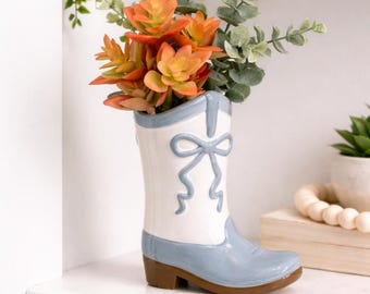Small Blue Floral Bow Cowboy Boot Vase– Ceramic Western Cowboy Boot Vase | Farmhouse Decor