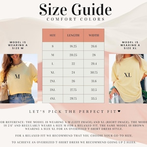 The image is a size guide for a yellow t-shirt, providing measurements and sizes for different models.