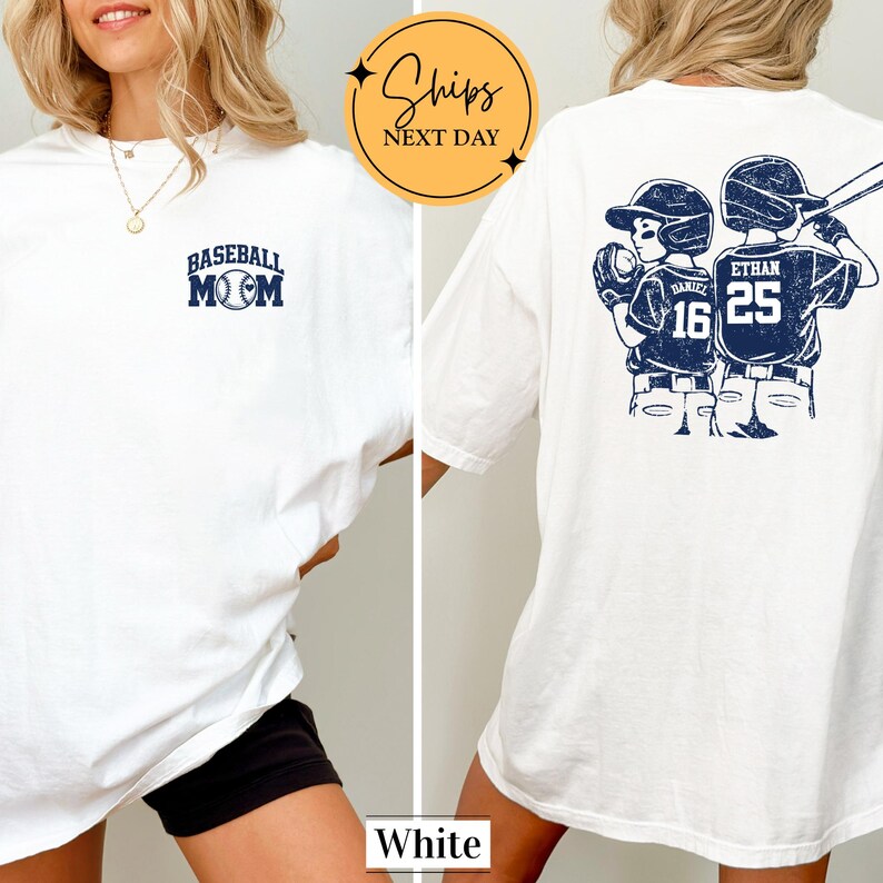Custom Baseball Mom Shirt with Kids Names and Numbers, Personalized Two Player Baseball Mother T-Shirt, Game Day Sports Mom Tee Gift image 2