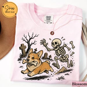 May include: A light pink t-shirt featuring a graphic print of a Corgi dog running with a bone in its mouth while being chased by a cartoon skeleton in a graveyard setting with tombstones and a bare tree. The shirt has a Comfort Colors brand label.