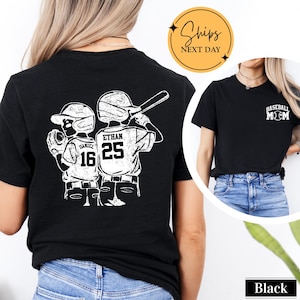 Custom Baseball Mom Shirt with Kids Names and Numbers, Personalized Two Player Baseball Mother T-Shirt, Game Day Sports Mom Tee Gift