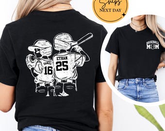 Custom Baseball Mom Shirt with Kids Names and Numbers, Personalized Two Player Baseball Mother T-Shirt, Game Day Sports Mom Tee Gift