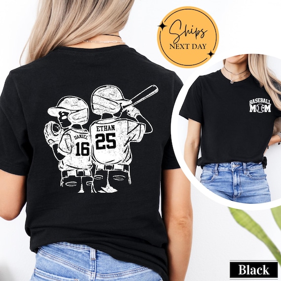 Custom Baseball Mom Shirt with Kids Names and Numbers, Personalized Two Player Baseball Mother T-Shirt, Game Day Sports Mom Tee Gift