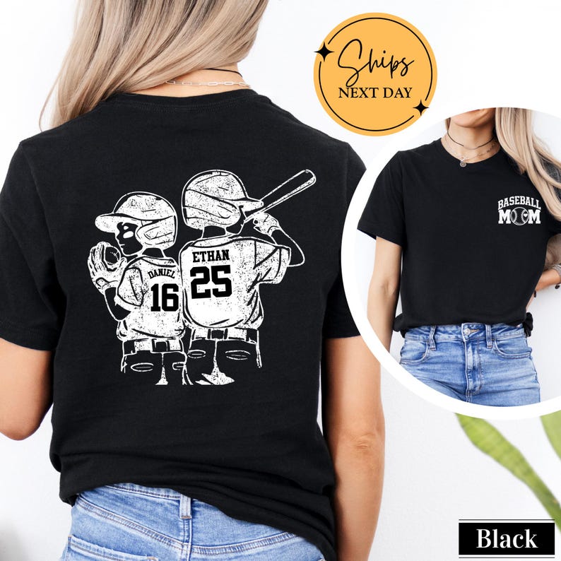 Custom Baseball Mom Shirt with Kids Names and Numbers, Personalized Two Player Baseball Mother T-Shirt, Game Day Sports Mom Tee Gift image 1