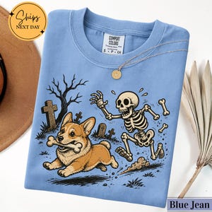 May include: A light blue t-shirt featuring a graphic of a Corgi dog running with a bone in its mouth, chased by a skeleton in a graveyard setting with tombstones and a bare tree. The shirt has a crew neckline and a Comfort Colors brand label.