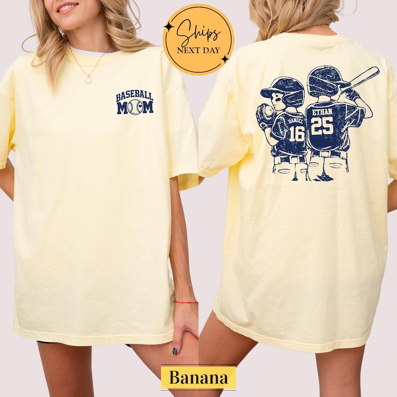 Custom Baseball Mom Shirt with Kids Names and Numbers, Personalized Two Player Baseball Mother T-Shirt, Game Day Sports Mom Tee Gift image 5