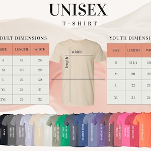 a collection of t-shirts in various colors, along with size and width tables, indicating the dimensions for different age groups.