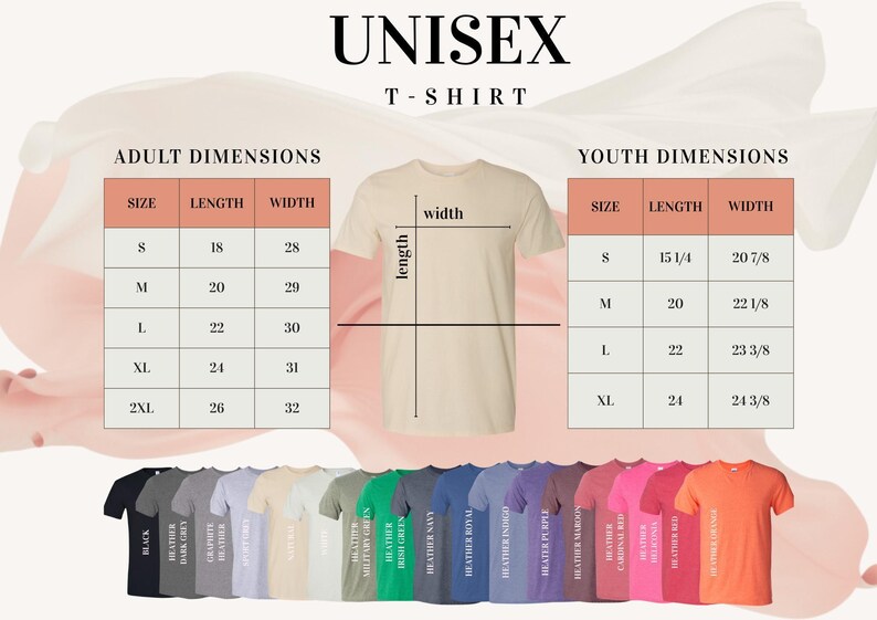 a collection of t-shirts in various colors, along with size and width tables, indicating the dimensions for different age groups.