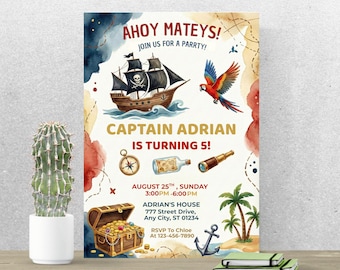 Könnte beinhalten: Einladung zur Piraten-Geburtstagsfeier mit Aquarelldesign. Die Einladung zeigt ein Piratenschiff, einen Papagei, eine Schatzkiste und den Text "Ahoy Mateys!" und "Captain Adrian wird 5!"