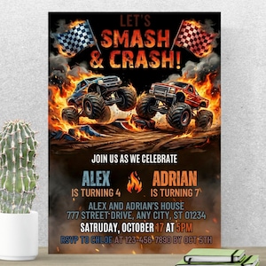 Monster Truck verjaardagsuitnodiging gezamenlijke partij Smash Crash Bash uitnodigen bewerkbare Canva sjabloon jongens Truck Party uitnodiging digitale download A643