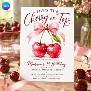 Op de afbeelding: Een witte uitnodigingskaart met een aquarelillustratie van twee rode kersen verbonden door een roze lint. De tekst luidt: SHE'S THE Cherry on Top, PLEASE JOIN US TO CELEBRATE Madison's 1st Birthday, SUNDAY | MARCH 15 | 3:30PM, 418 WILLOW ROAD, BELLFORD, FL 32718, RSVP TO EMILY AT 555-284-6719.