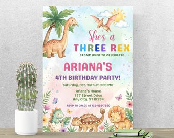 Invitación de cumpleaños de tres dinosaurios Rex, linda invitación para fiesta de dinosaurios para niñas, plantilla editable de Canva A216