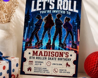 May include: A rectangular invitation card featuring the text LET'S ROLL YOU'RE INVITED TO MADISON'S 8TH ROLLER SKATE BIRTHDAY. The design shows four silhouettes of children on roller skates against a dark blue forest background with neon light trails.