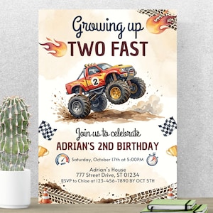 May include: A watercolor-style birthday invitation with a red and yellow monster truck jumping over dirt. The text reads "Growing up TWO FAST" and "ADRIAN'S 2ND BIRTHDAY". Includes event details and RSVP information.
