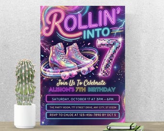 Rollin Into 7 Invitation, 7th Birthday Invite, Neon Roller Skate, Disco Skate Party, Canva Template A897