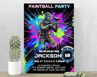 Invito di compleanno a tema paintball, invito per festa di paintball, tema di compleanno d'azione, modello Canva modificabile A257