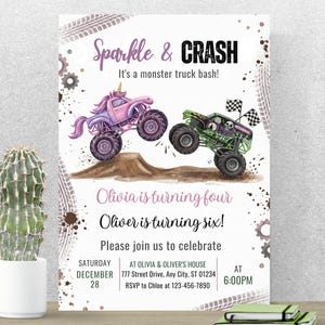 May include: A party invitation with a monster truck theme. The invitation features a pink unicorn monster truck and a green monster truck jumping over a dirt mound. The text reads "Sparkle & CRASH" and includes party details.