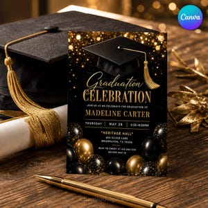 Puede incluir: Una tarjeta de invitación para una graduación con un birrete negro con borla dorada, globos negros y dorados, y el texto Graduation Celebration, Madeline Carter, Thursday May 28, 5:30-8:30PM, Heritage Hall, 654 Silver Lane, Briarhaven, TX 70436.