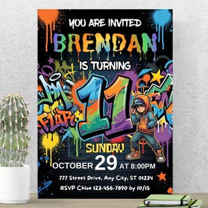 May include: A vibrant birthday invitation in a graffiti art style. It reads "YOU ARE INVITED BRENDAN IS TURNING 11" with the date of October 29th at 8:00 PM. The design includes a cartoon boy and colorful spray-paint effects.
