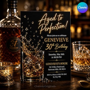 May include: A black rectangular birthday invitation card featuring the text Aged to Perfection! Please join us to celebrate GENEVIEVE 30th Birthday Saturday, May 16th At 06:30 PM GENEVIEVE'S HOUSE 321 Willow Boulevard, Fairmont Hills, OR 58241 RSVP to Ethan at (415) 555-2847 by May 9th.